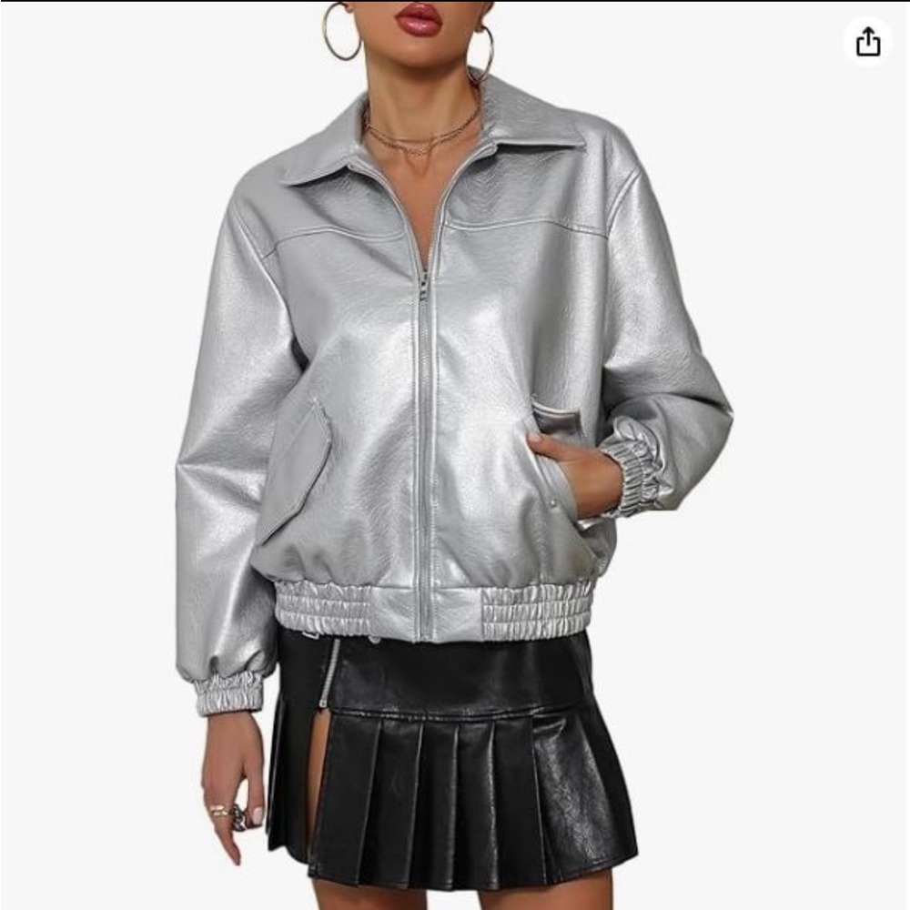 Women’s Size Large Vegan Leather Silver Motorcycle Bomber Jacket